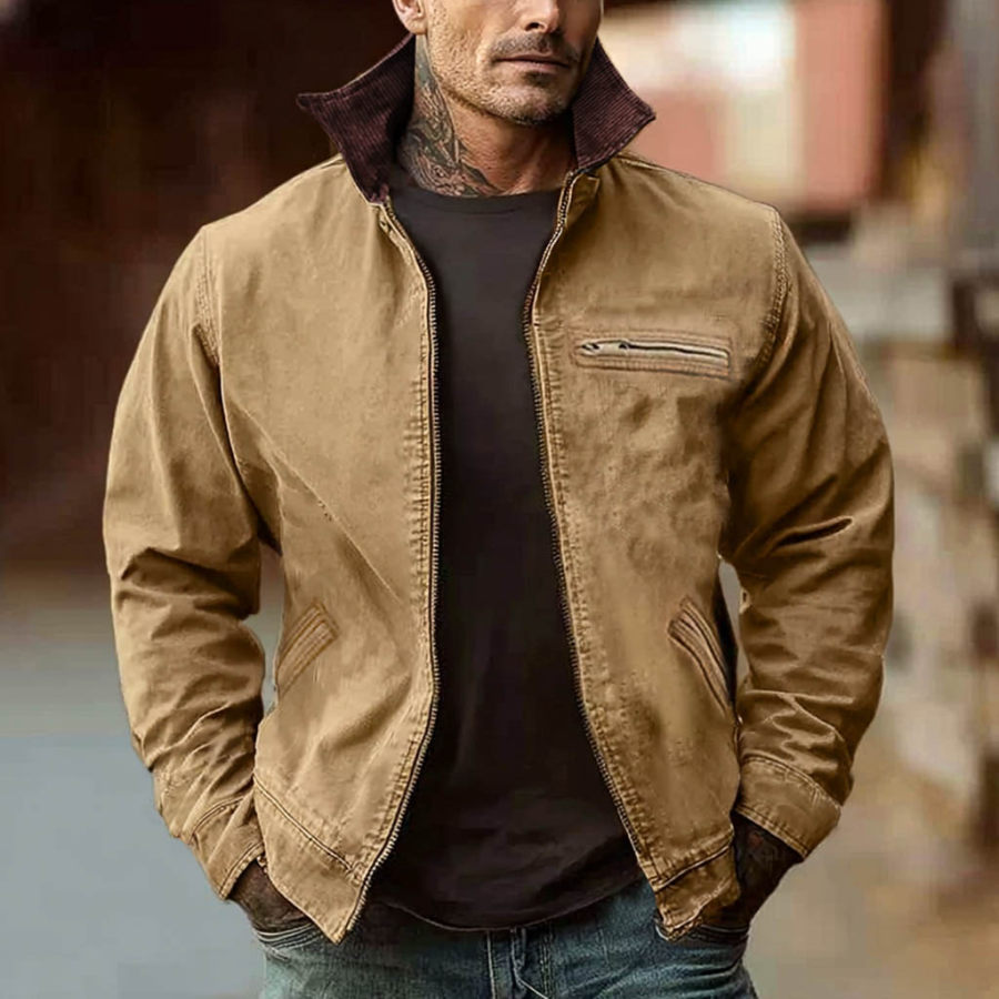 Men's Vintage Zipper Pocket Corduroy Lightweight Utility Cargo Lapel Jacket