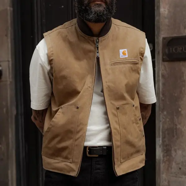 Men's Vintage Brown Block Canyon Waxed Zip Chest Pocket Vest - Wayrates.com 