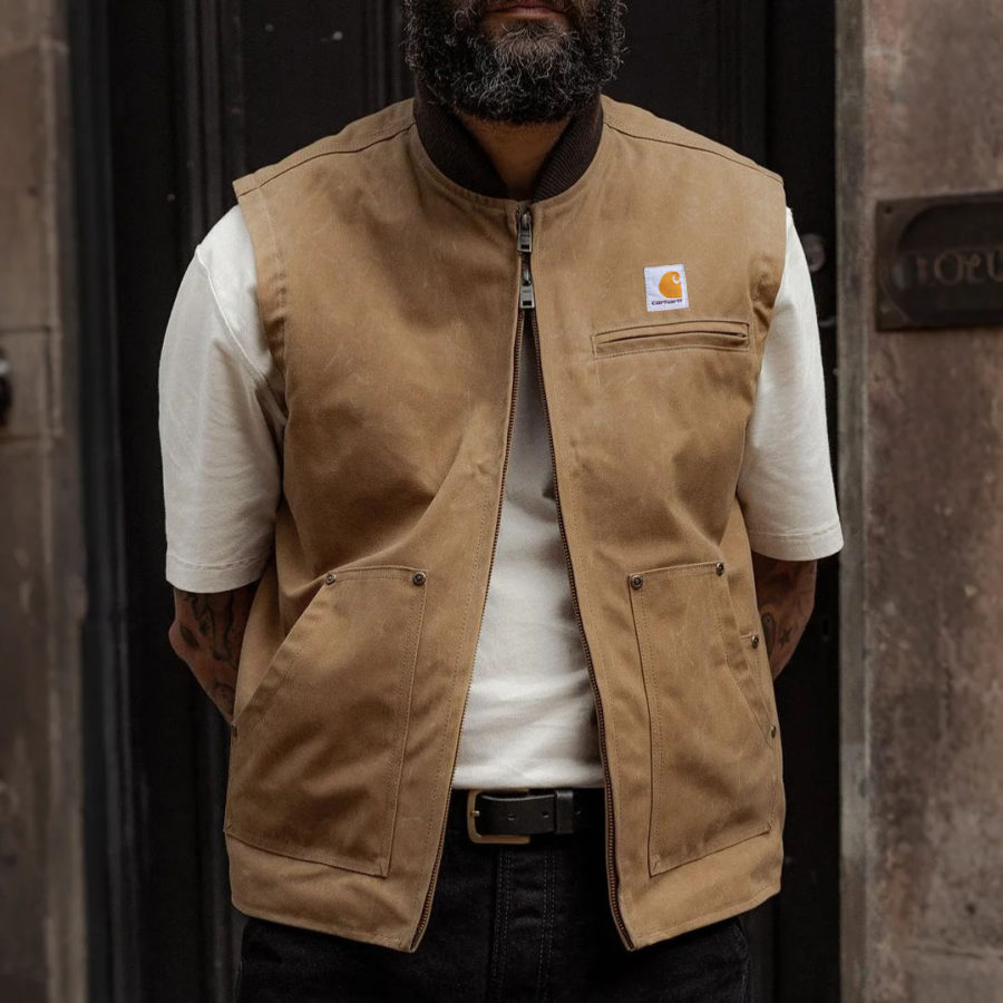 

Men's Vintage Brown Block Canyon Waxed Zip Chest Pocket Vest