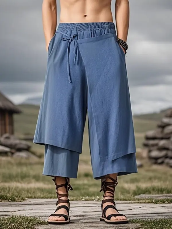Men's Vintage Blue Casual Wide-Leg Pants With Drawstring Waist - Wantbright.com 