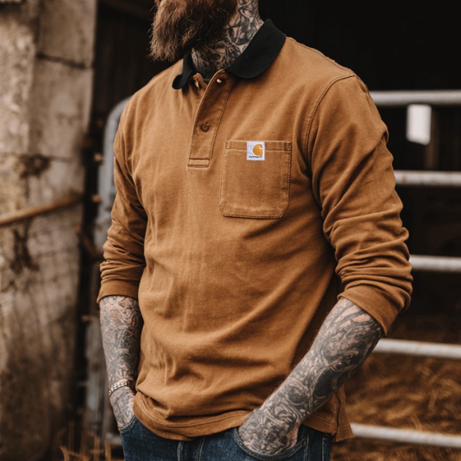 

Long Sleeve Polo Shirt With Chest Pocket And Tattoo-Friendly Design