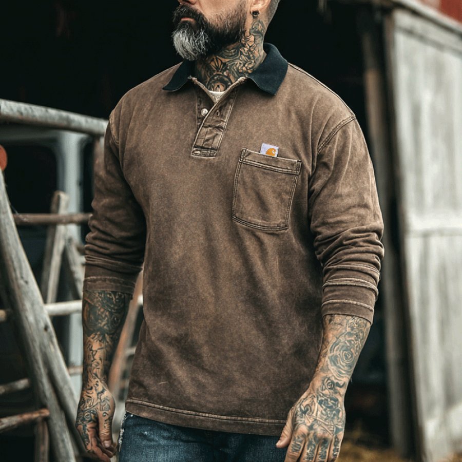 

Men's Vintage Long Sleeve Work Shirt With Chest Pocket And Collar Design