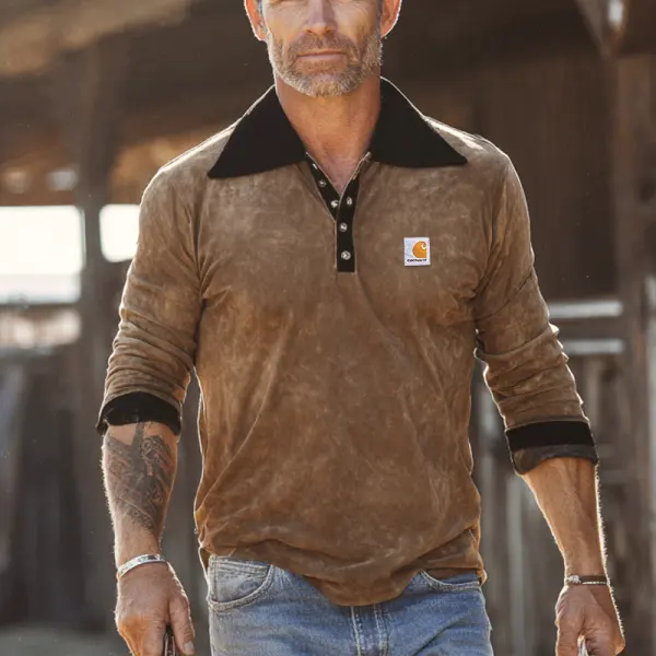 Suede Collar Splicing Distressed Long Sleeve Polo Shirt For Men - Perfect For Casual And Outdoor Adventures - Wayrates.com 