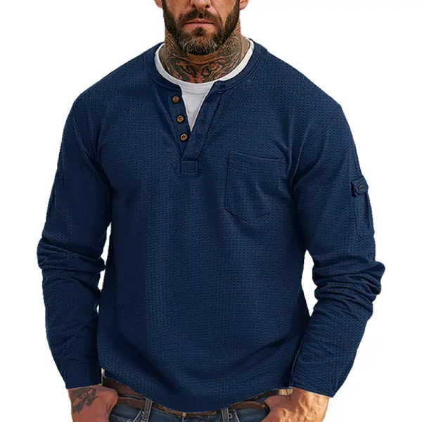 Men's Casual Waffle Country Western Patchwork Neck Long Sleeves Henley T Shirt With Chest Pocket - Rabclub.com 