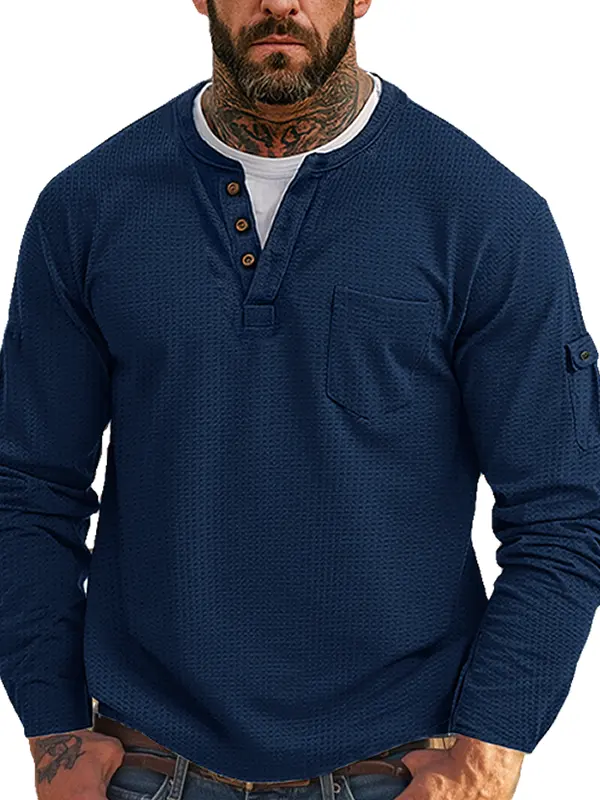 Men's Casual Waffle Country Western Patchwork Neck Long Sleeves Henley T Shirt With Chest Pocket - Menwyx.com 
