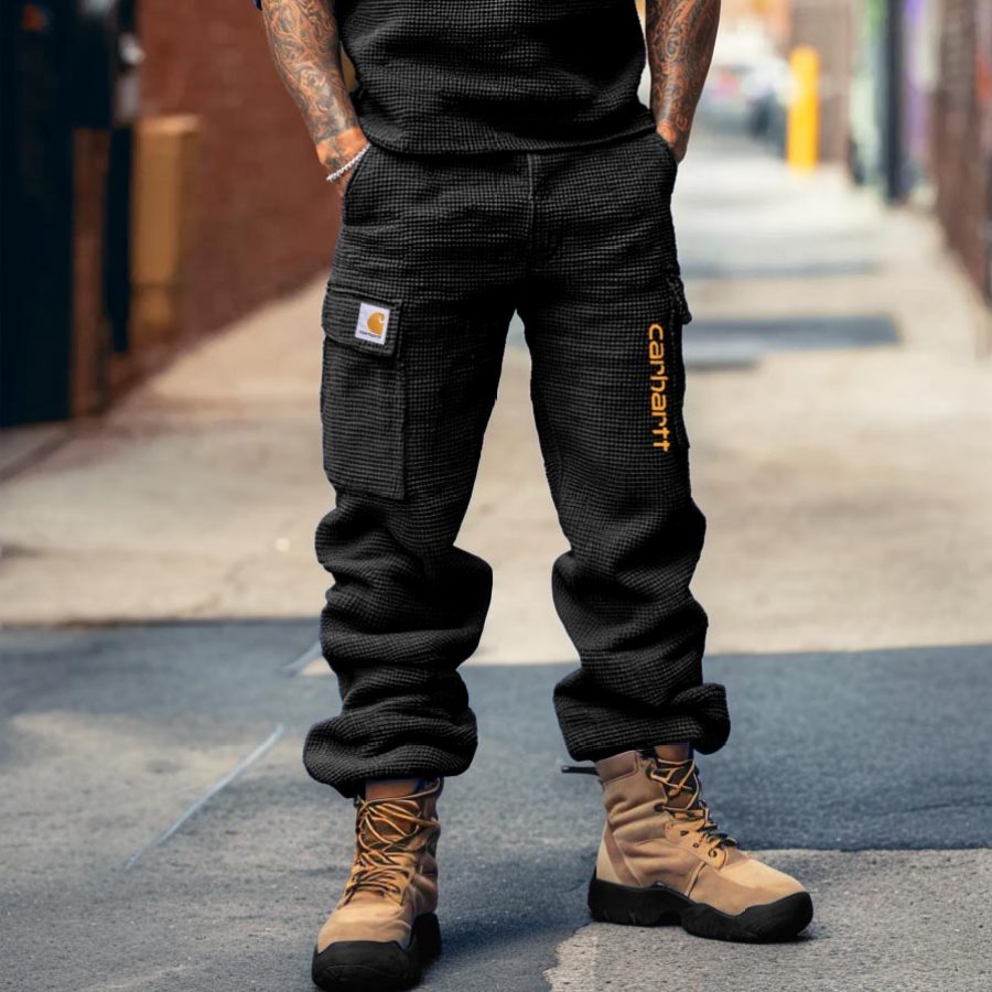 

Men's Vintage Outdoor Black Waffle Knit Multi-Pocket Workwear Cargo Pants