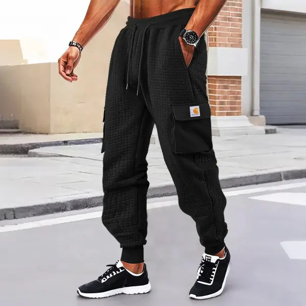 Men's Vintage Waffle Plaid Black Elastic Drawstring Sweatpants - Wayrates.com 