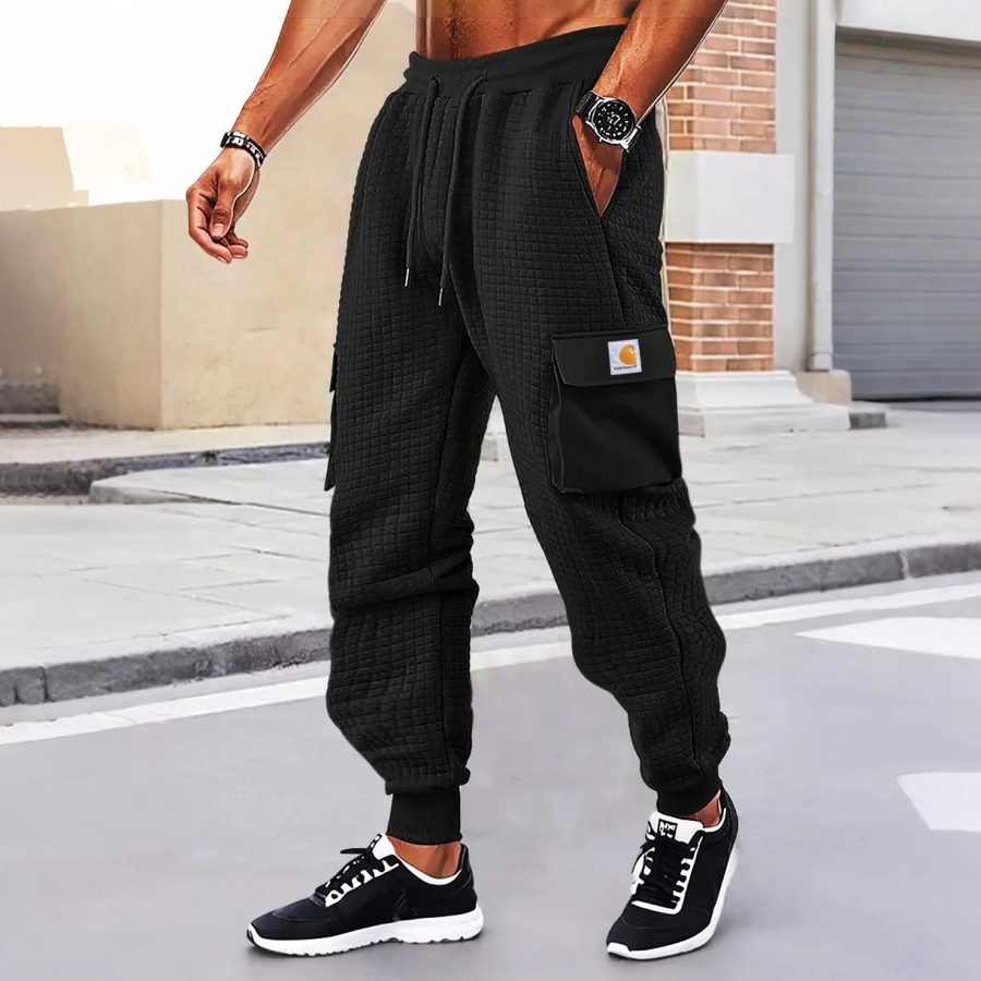

Men's Vintage Waffle Plaid Black Elastic Drawstring Sweatpants