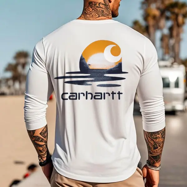 Men's Vintage Surf Sunset Print Casual Round Neck Long Sleeve T-Shirt - Wayrates.com 