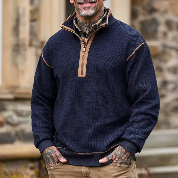Men's Vintage Navy Blue Half-Zip Pullover With Contrast Trim - Upgradecool.com 