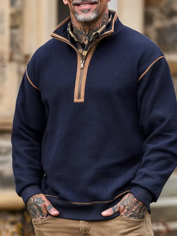 Men's Vintage Navy Blue Half-Zip Pullover With Contrast Trim - Wantbright.com 