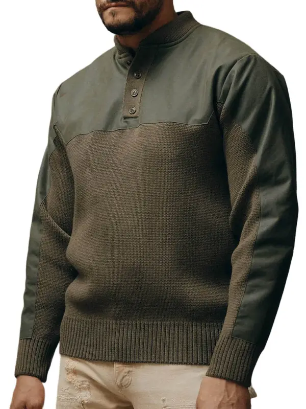 Men's Vintage Army Green Paneled Knit Henley Sweater - Wantbright.com 