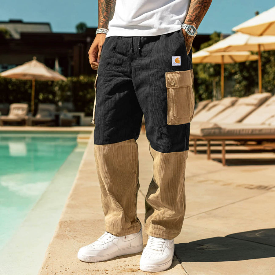 

Men's Vintage Black And Khaki Corduroy Pockets Workwear Elastic Drawstring Cargo Pants