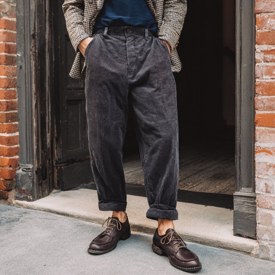 

Men's Vintage Dark Gray Corduroy Trousers Pants