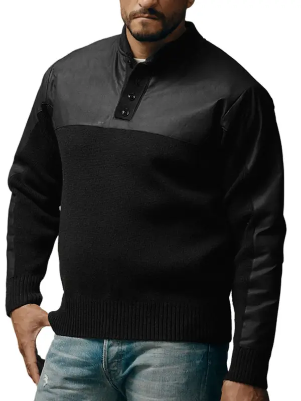 Men's Vintage Black Paneled Knit Henley Sweater - Wantbright.com 