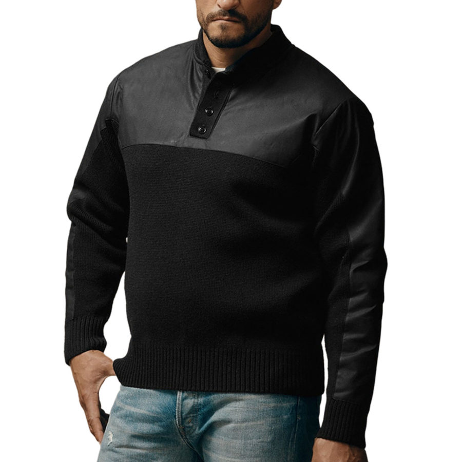 

Men's Vintage Black Paneled Knit Henley Sweater