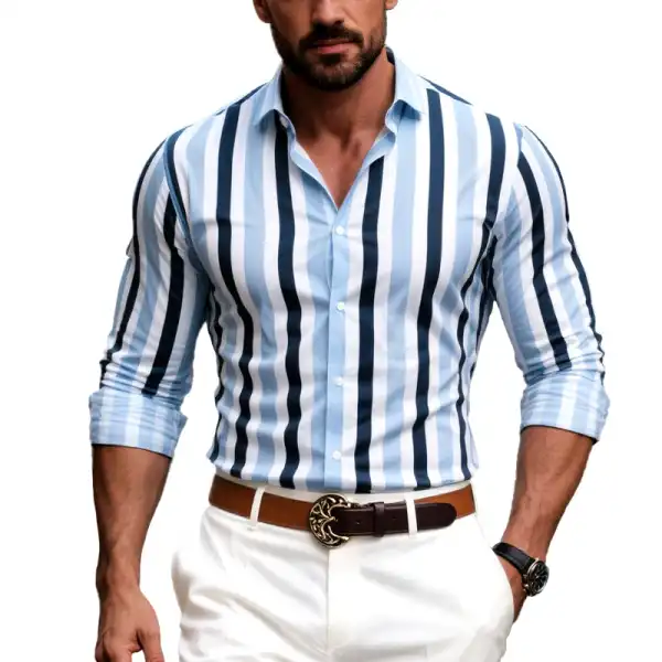 Men's Vintage Elegant Blue Striped Long Sleeve Lapel Shirt - Upgradecool.com 