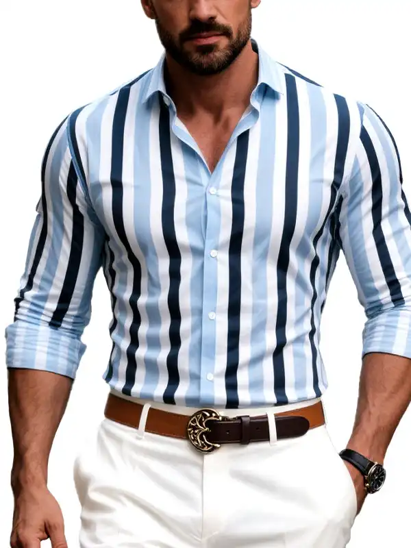 Men's Vintage Elegant Blue Striped Long Sleeve Lapel Shirt - Menbarn.com 
