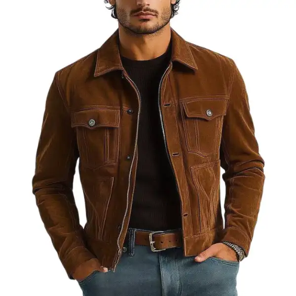 Men's Vintage Brown Suede Multi-Pocket Zipper Jacket - Rabclub.com 