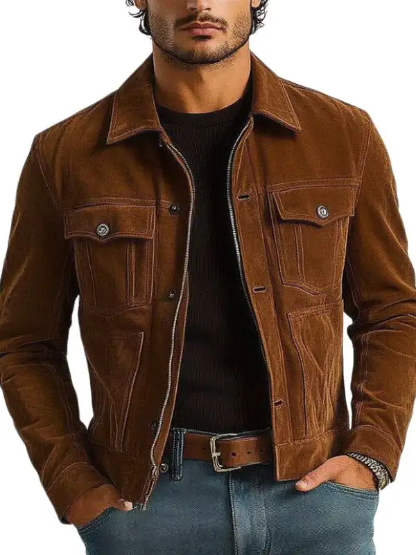 Men's Vintage Brown Suede Multi-Pocket Zipper Jacket - Pragmaace.com 