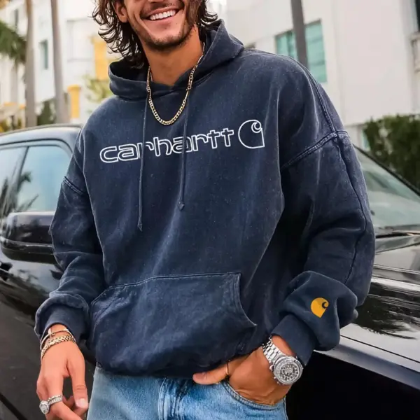 Men's Vintage Navy Pocket Loose Long Sleeve Hoodie - Wayrates.chimpone.com 