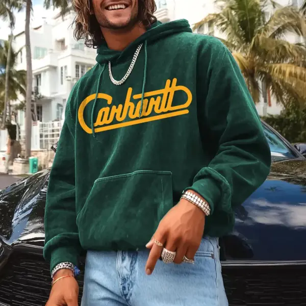 Men's Vintage Letter Print Dark Green Pocket Loose Long Sleeve Hoodie - Wayrates.com 