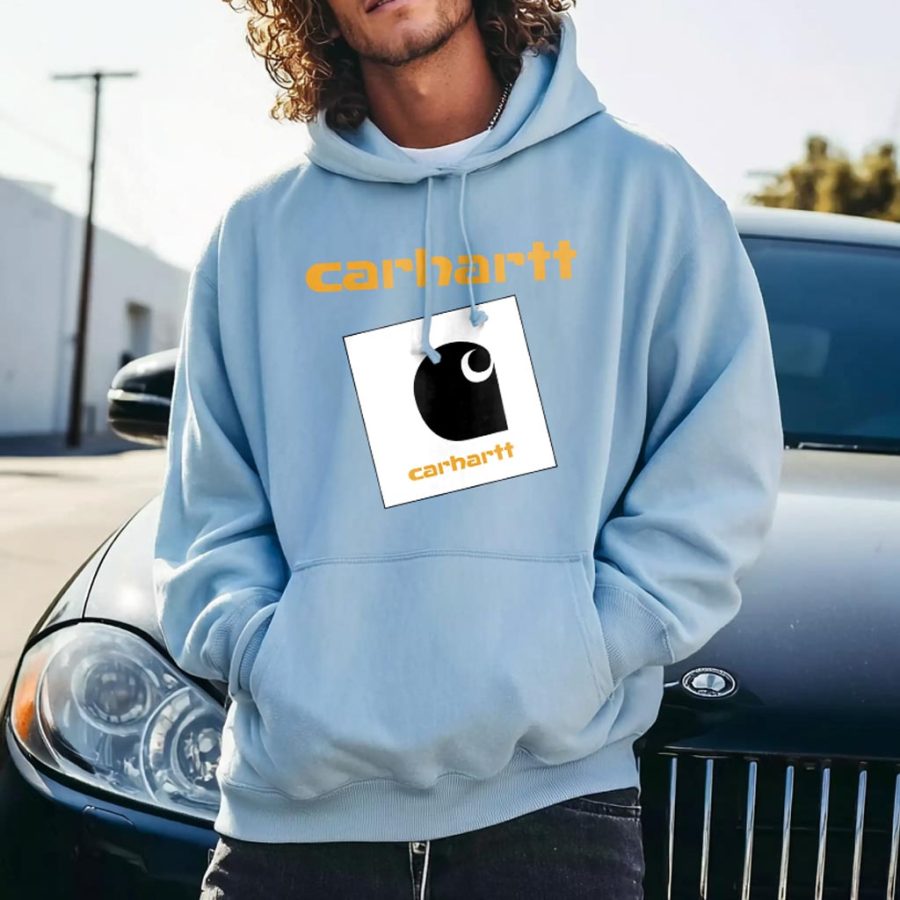 

Men's Vintage Light Blue Pocket Loose Long Sleeve Hoodie