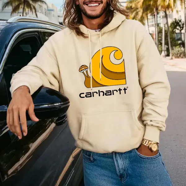 Men's Vintage Snail Print Apricot Pocket Loose Long Sleeve Hoodie - Wayrates.com 