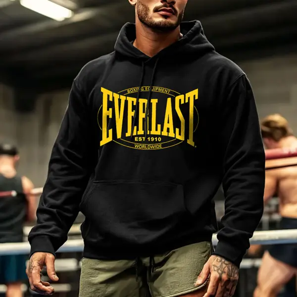 Men's Vintage Black Boxing Fitness Print Pocket Loose Muscle Long Sleeve Hoodie - Wayrates.com 