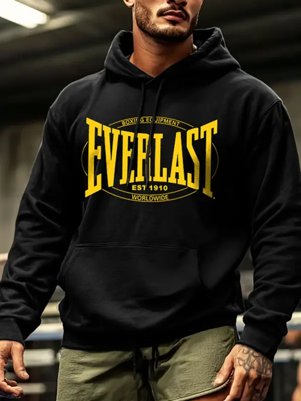 Men's Vintage Black Boxing Fitness Print Pocket Loose Muscle Long Sleeve Hoodie - Wantbright.com 