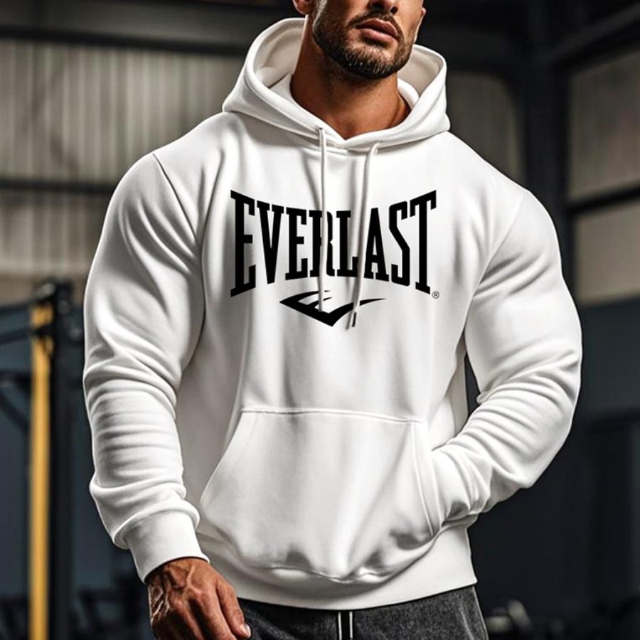 

Men's Vintage White Boxing Fitness Print Pocket Loose Muscle Long Sleeve Hoodie