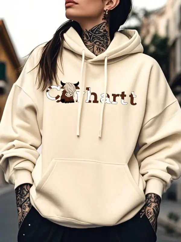 Women's Vintage Cow Letter Print Pocket Loose Apricot Long Sleeve Hoodie - Menbarn.com 