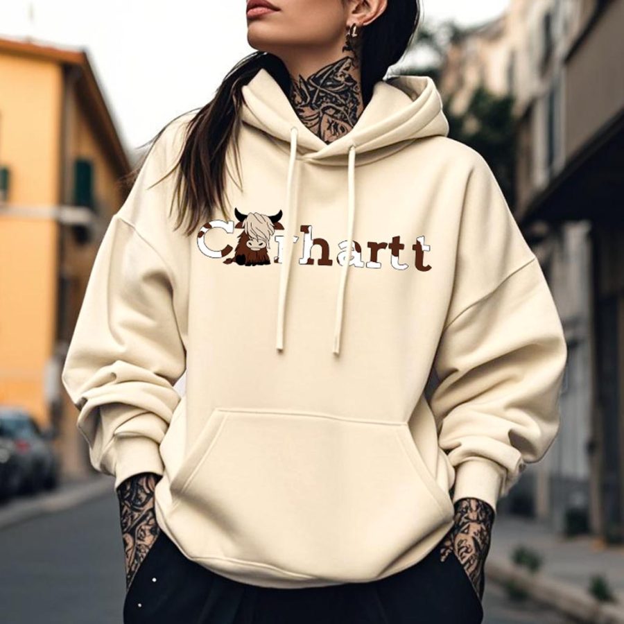 

Women's Vintage Cow Letter Print Pocket Loose Apricot Long Sleeve Hoodie