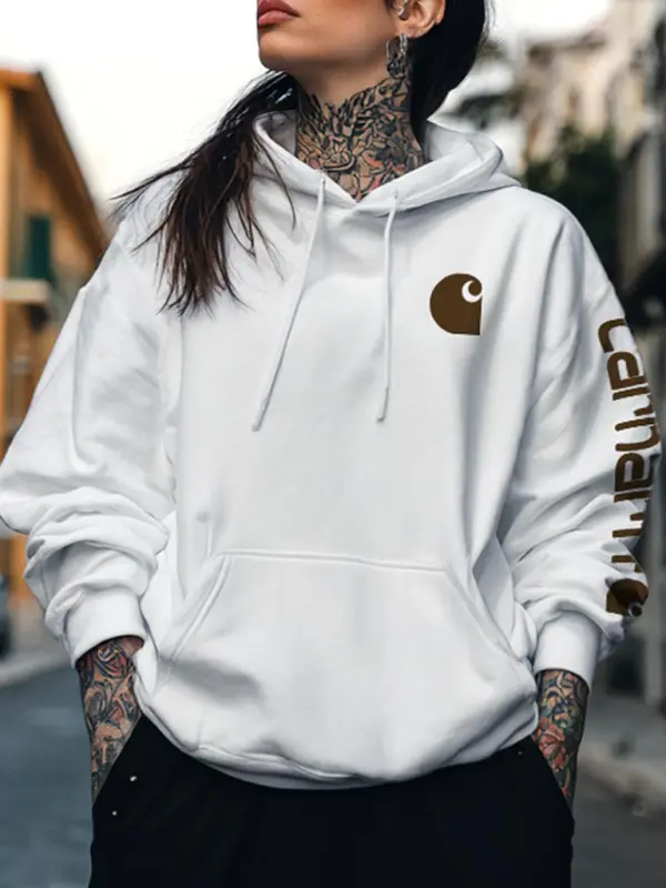 Women's Vintage Letter Print Pocket Loose White Long Sleeve Hoodie - Menbarn.com 