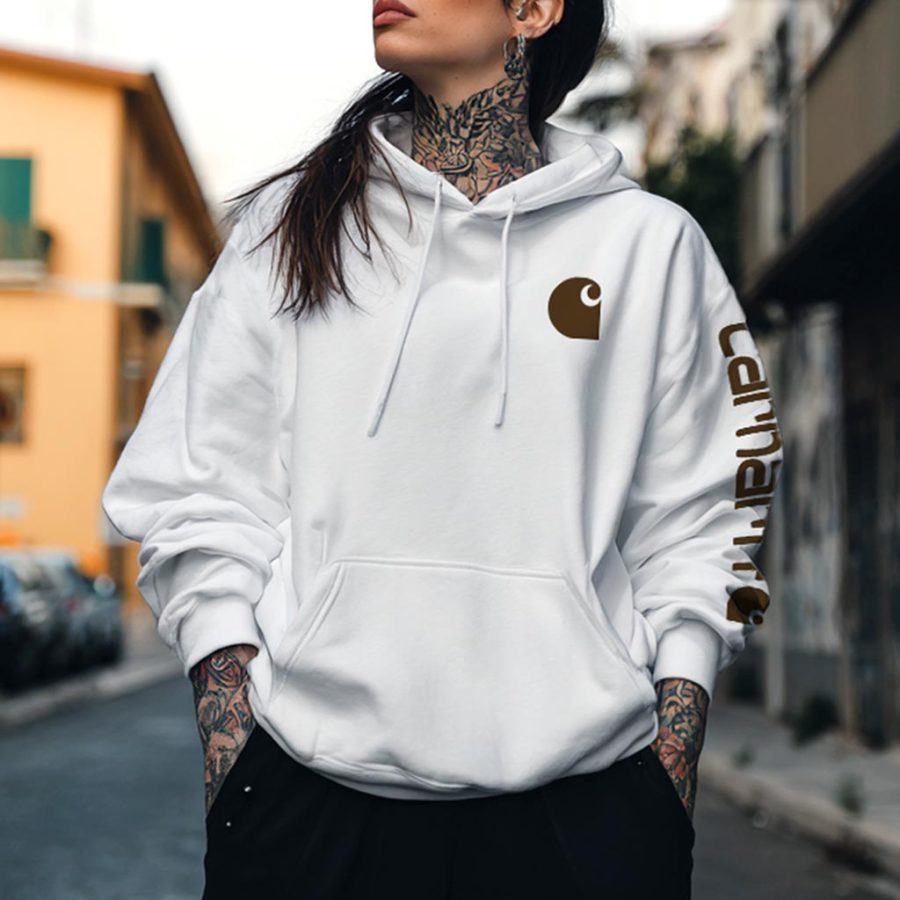 

Women's Carhartt Vintage Letter Print Pocket Loose White Long Sleeve Hoodie