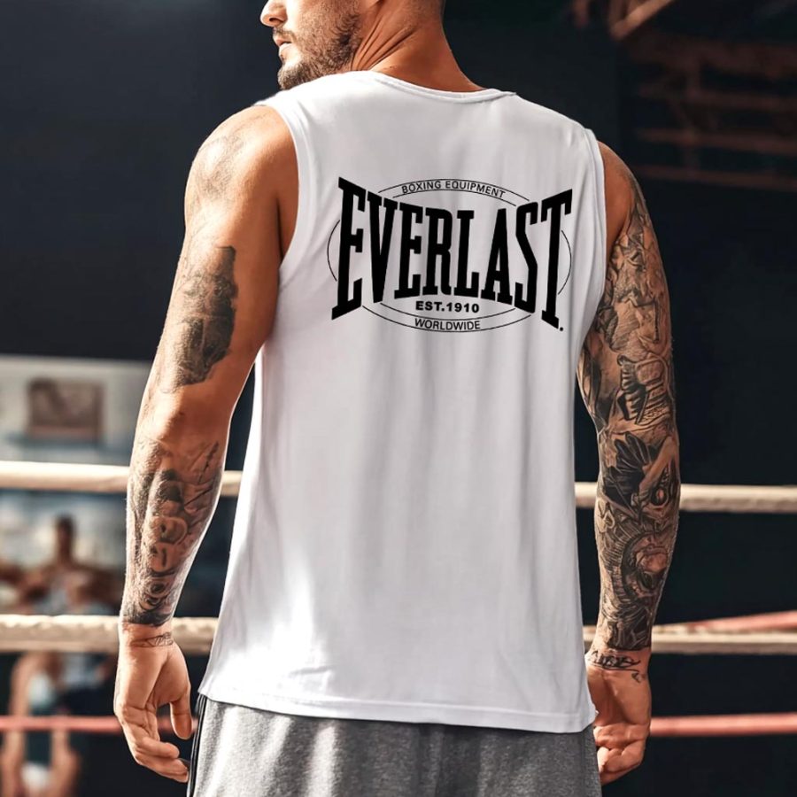 Men's Vintage 1910 Worldwide Boxing Fitness Print Round Neck Sleeveless White Muscle Tank Top
