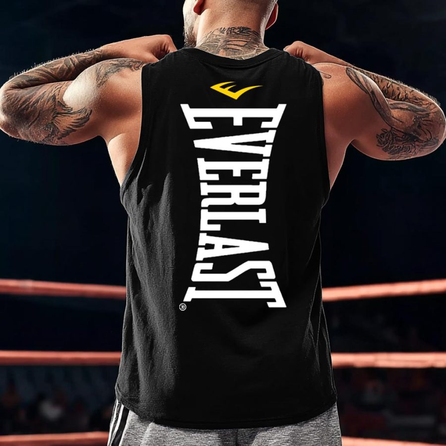 

Men's Vintage Boxing Fitness Print Round Neck Sleeveless Black Muscle Tank Top