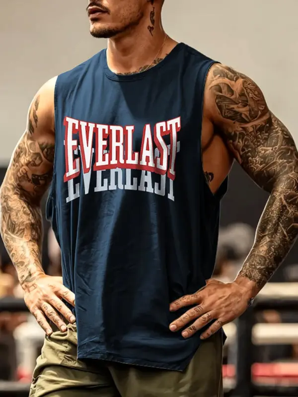 Men's Vintage Boxing Fitness Print Round Neck Sleeveless Navy Muscle Tank Top - Menbarn.com 