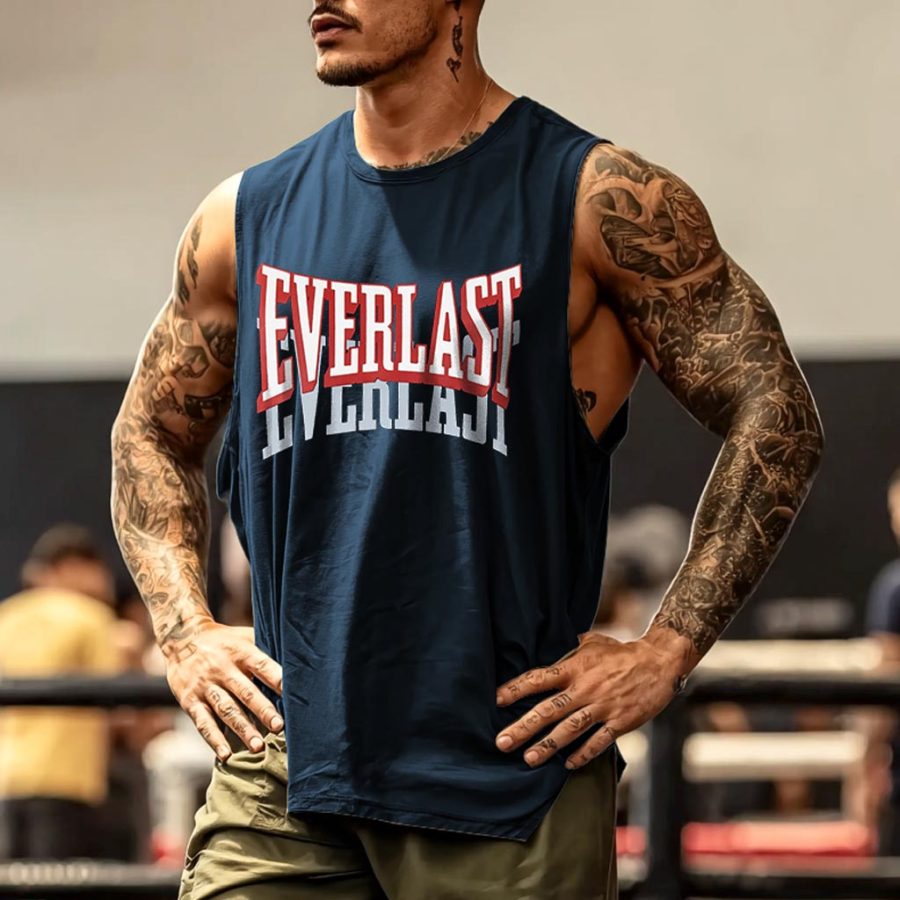 

Men's Vintage Boxing Fitness Print Round Neck Sleeveless Navy Muscle Tank Top