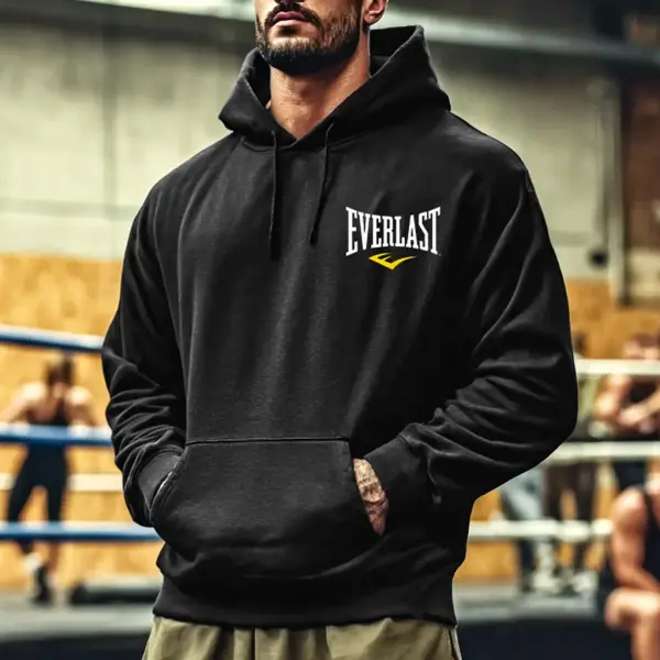 Men's Vintage Black Boxing Fitness Print Pocket Loose MuscleLong Sleeve Hoodie - Wayrates.com 