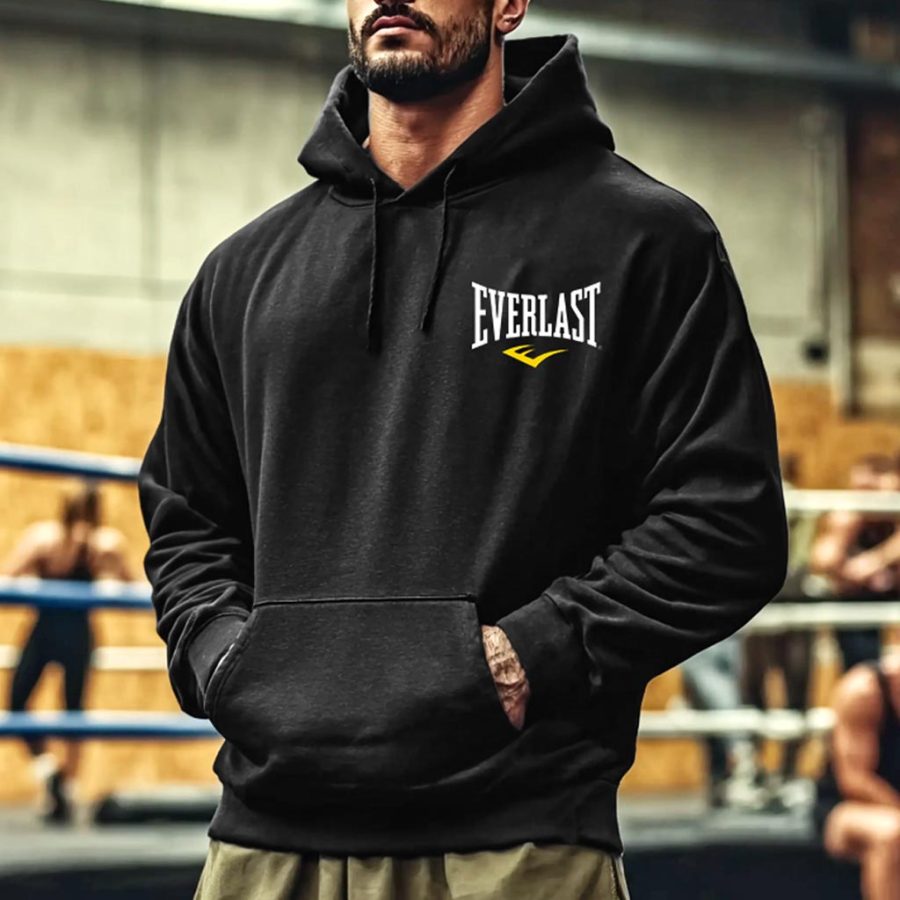 

Men's Vintage Black Boxing Fitness Print Pocket Loose MuscleLong Sleeve Hoodie