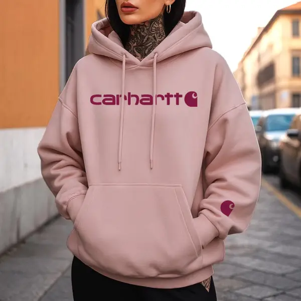 Women's Vintage Letter Print Pocket Loose Pink Long Sleeve Hoodie - Upgradecool.com 