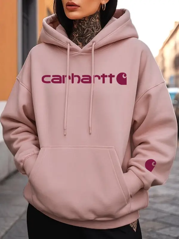 Women's Vintage Letter Print Pocket Loose Pink Long Sleeve Hoodie - Simplyion.com 