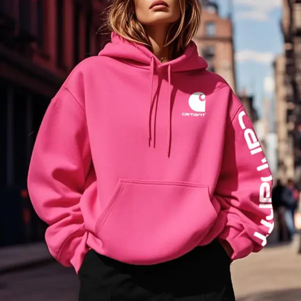 Women's Vintage Letter Print Pocket Loose Bright Pink Long Sleeve Hoodie - Upgradecool.com 