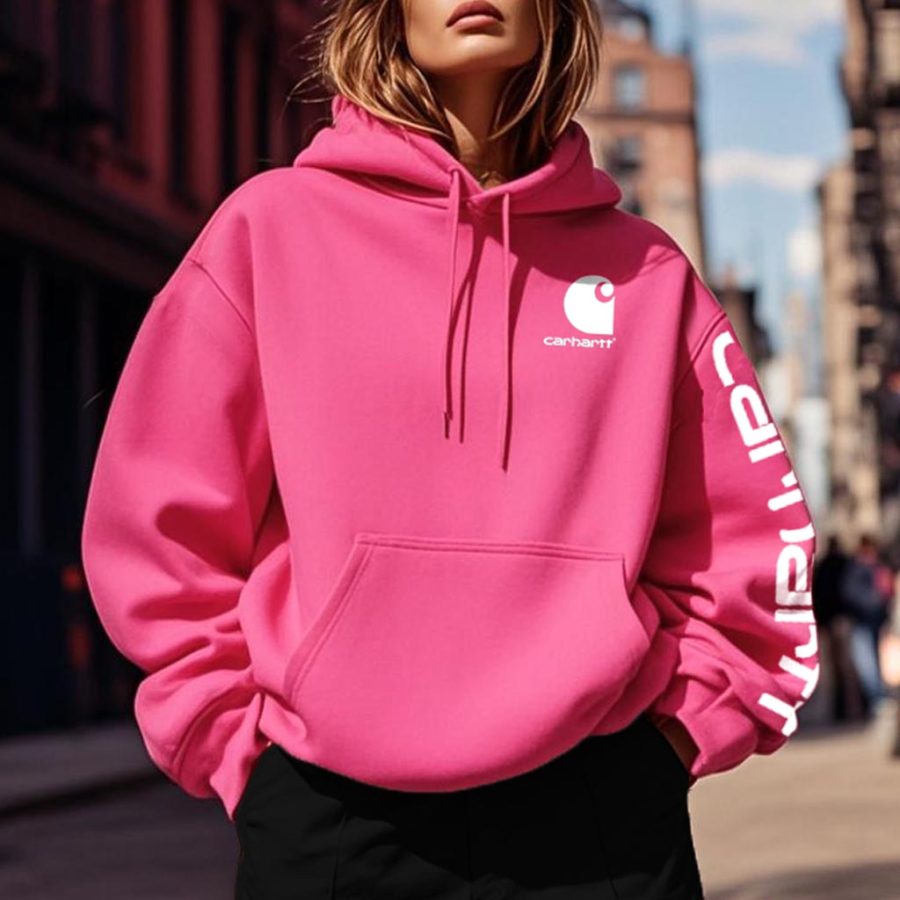 

Carhartt Women's Vintage Letter Print Pocket Loose Bright Pink Long Sleeve Hoodie