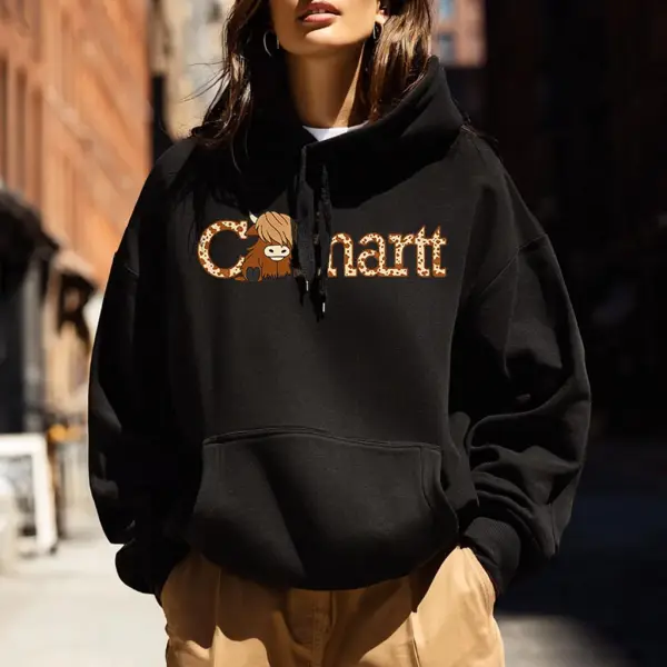 Women's Vintage Cow Letter Print Pocket Loose Black Long Sleeve Hoodie - Wayrates.com 