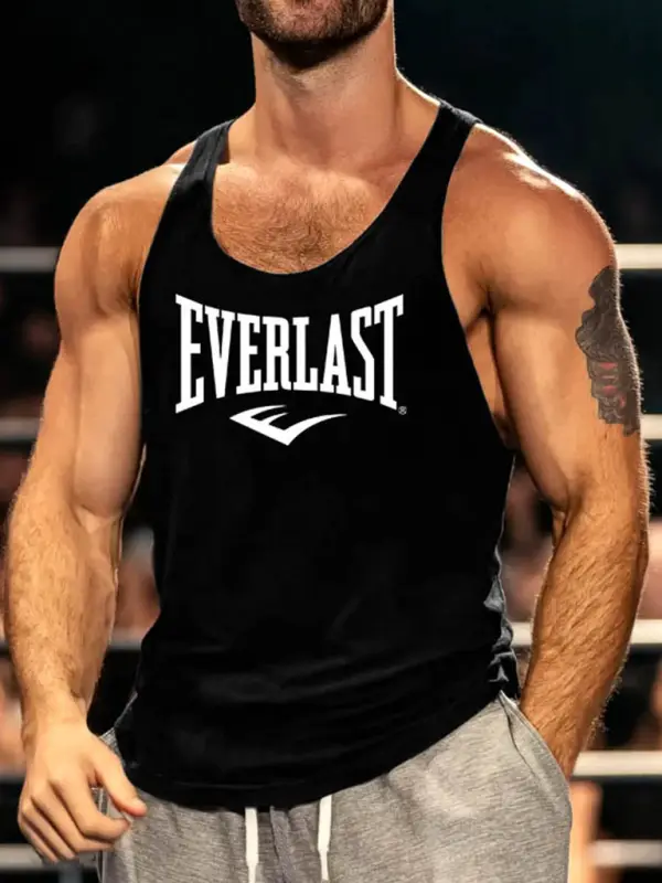 Men's Vintage Boxing Fitness Print Round Neck Sleeveless Black Muscle Tank Top - Pragmaace.com 