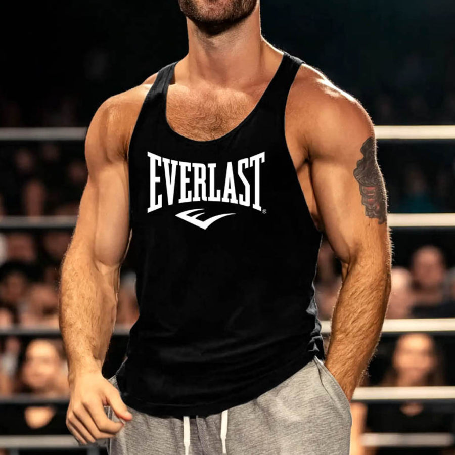 

Men's Vintage Boxing Fitness Print Round Neck Sleeveless Black Muscle Tank Top