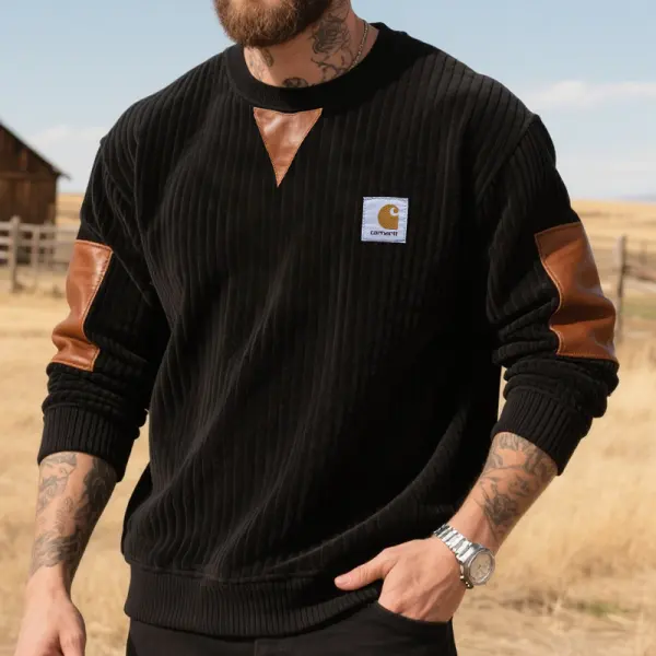 Carhartt Men's Vintage Country Western Casual Crew Neck Sweatshirts With Leather Elbow Patches - Wayrates.com 