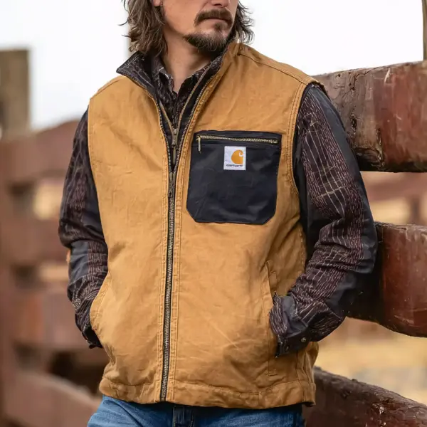 Men's Vintage Western Cowboy Black Zipper Pocket Brown Zipper Stand Collar Vest - Wayrates.com 